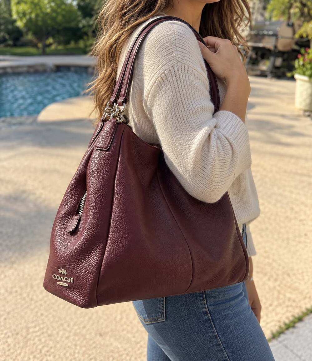 Deep Burgundy Soft Pebbled Leather Coach 3 compartment handbag